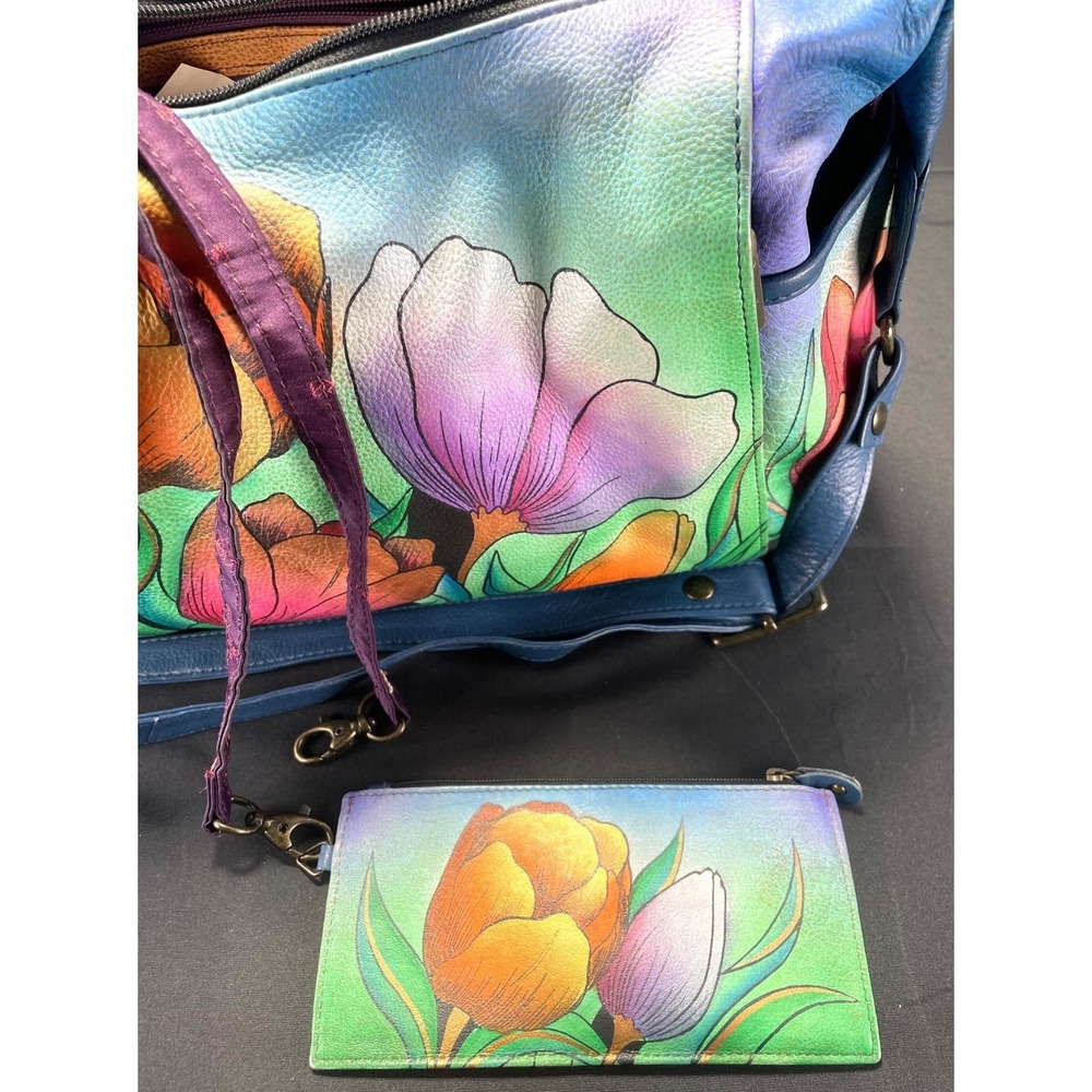 Anuschka Hand Painted Leather Floral Hobo Crossbody Bag Wallet Key Strap - Picture 5 of 9